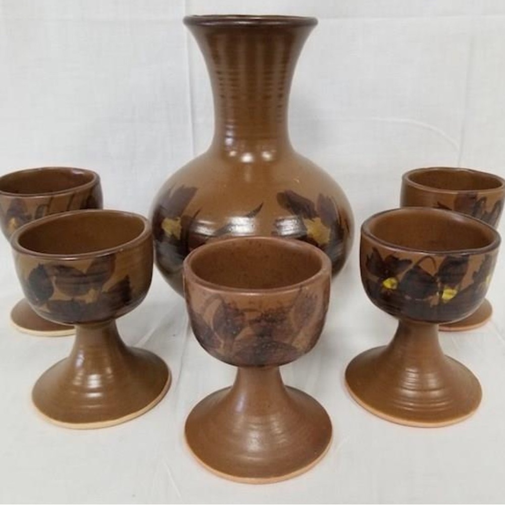 Vintage Midcentury Modern Pottery Carafe & Goblets